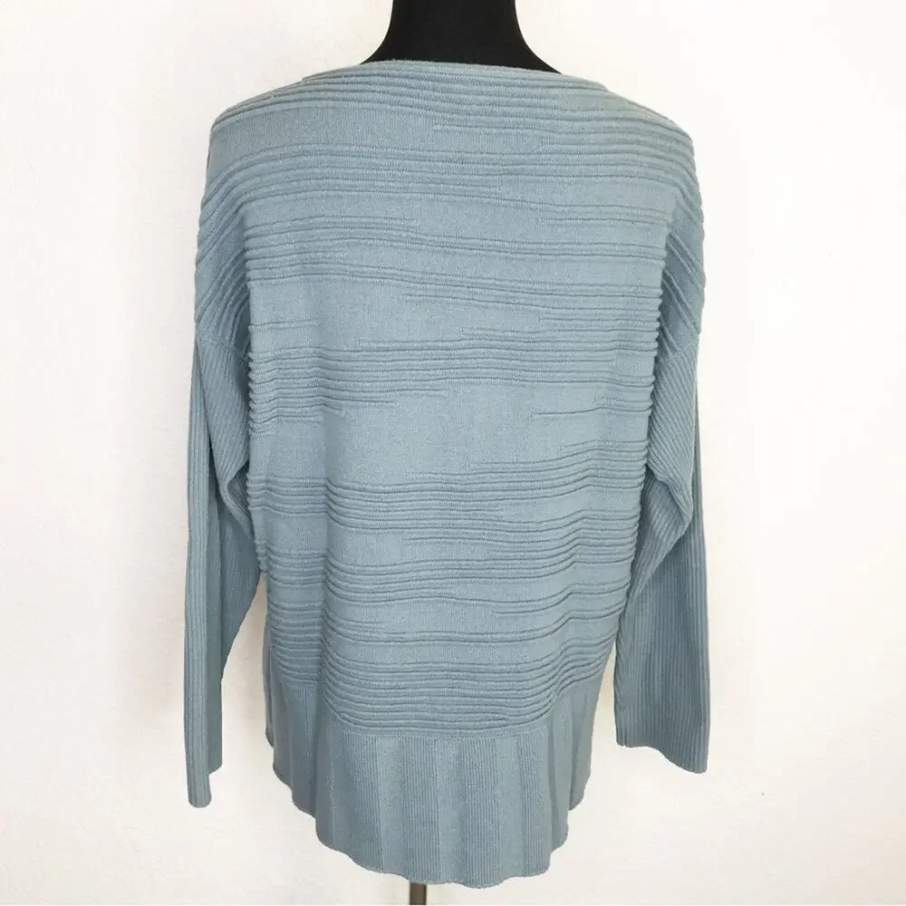 Lafayette 148 New York blue green ribbed wool cashmere blend sweater size Medium